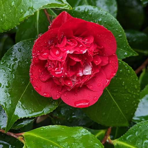 Camellia with raindrops